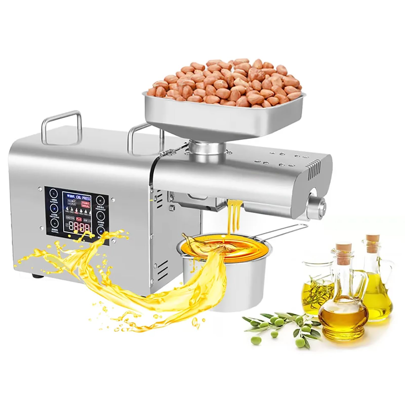 Automatyczny ekstraktor do tłoczenia oleju, maszyna kuchenna 750 W z panelem sterowania 13,3 cm, 6 poziomów temperatury do orzeszków ziemnych, sezamu, rzepaku, kokosa, soi, nasion słonecznika