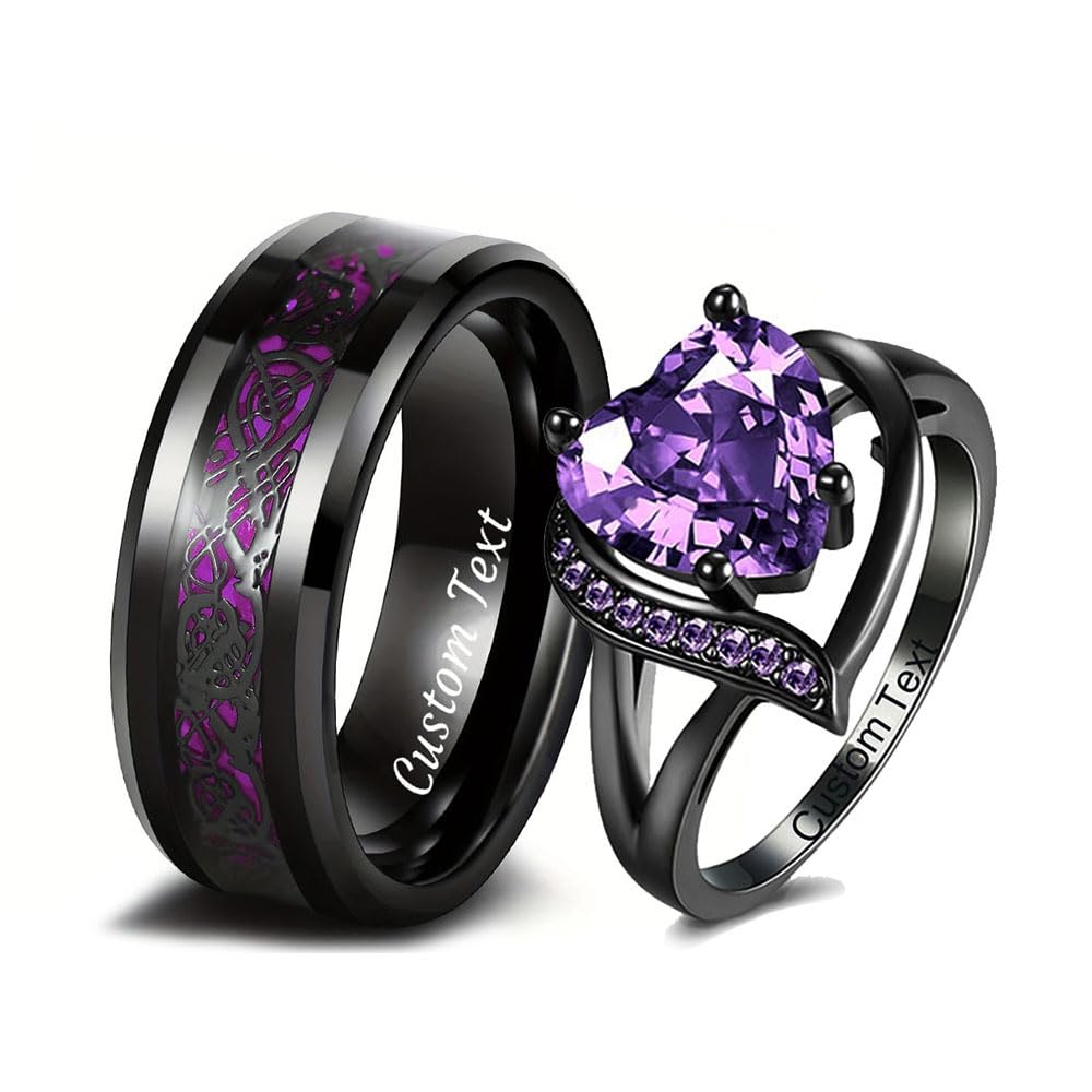 Juego de anillos de compromiso para parejas grabados personalizados, anillos de compromiso con corazón de circonita cúbica, dragón celta para anillos de boda a juego