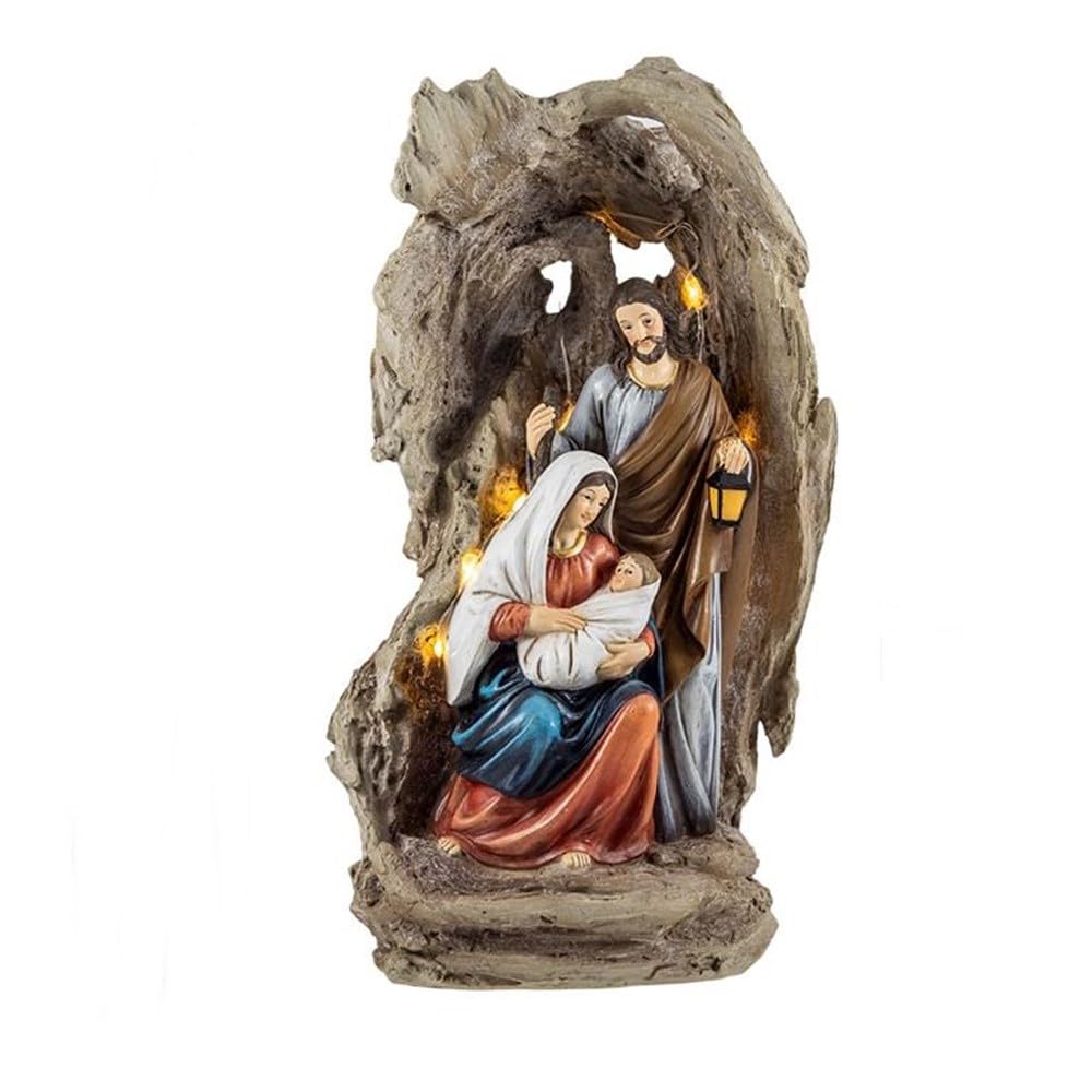 Mystère crèche avec lumière Figurine de Noël 31 cm Grotte Saint Joseph Enfant Jésus Vierge Marie Résine