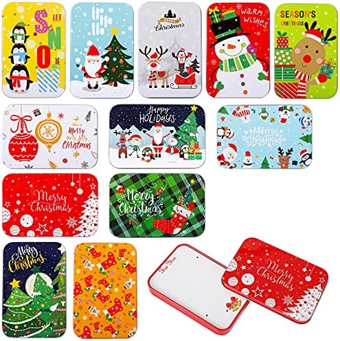 BOWOUNT 12 Pieces Christmas Gift Card Tin Boxes Colorful Christmas Tins Holders with Lids 4.9x3.3x0.7 Inch for Party Favors and Card Include Greeting ...