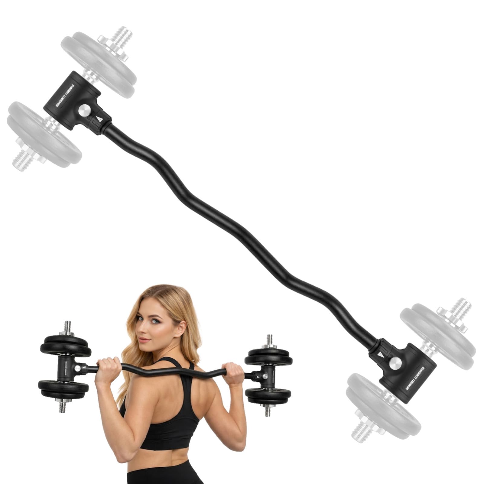 M.J COMFY-LIFE Dumbbell to Barbell Converter Bar 105cm Adjustable Barbell Adapter with 90kg/200lbs Capacity Universal Grip Fit for Home Gym Strength Training & Weightlifting (Curl Handle)
