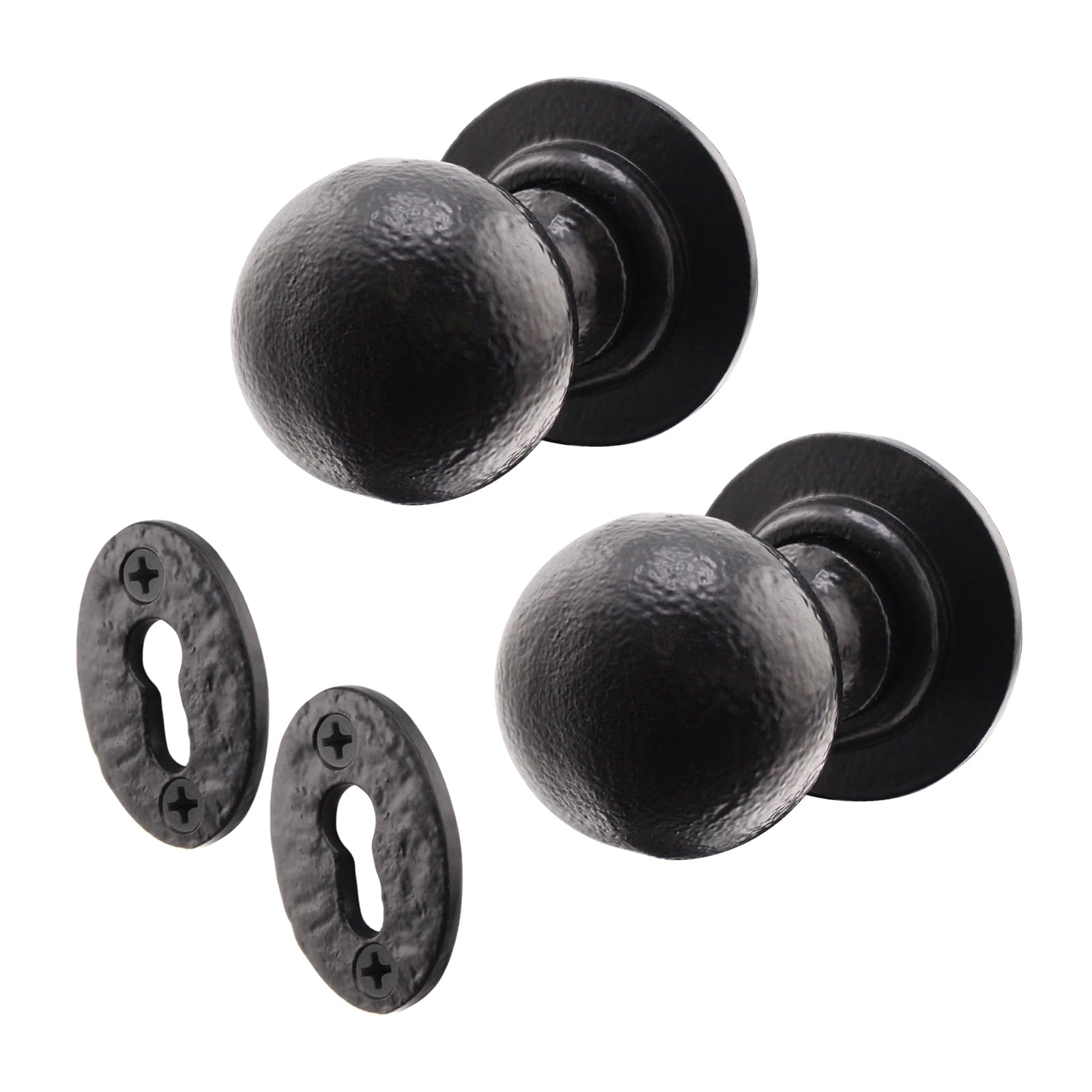 Eai Black Iron Door Knob Set - 1 Pair Of Cast Iron Antique Ball Mortice Knobs & Escutcheons