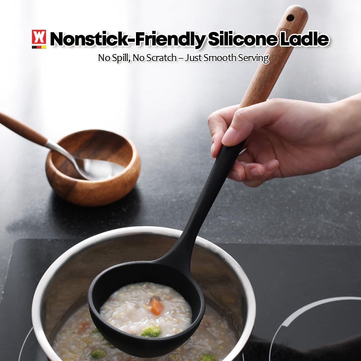 WAGENSTEIGER Juego de 2 utensilios de cocina de silicona: cucharón con mango de madera + cuchara de servir y cocinar de cabeza larga, utensilios de cocina resistentes al calor, sin BPA, diseño de