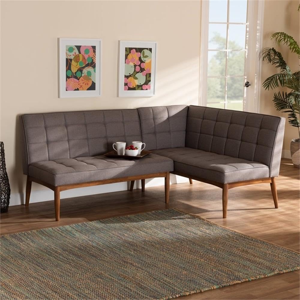 BOWERY HILL 2-Piece Dining Nook Banquette Set, Grey Upholstered Fabric and Walnut Brown Finished Wood, Biscuit Tufted, Tapered Legs, Mid-Century Style, Space-Saving Dining Room Seating