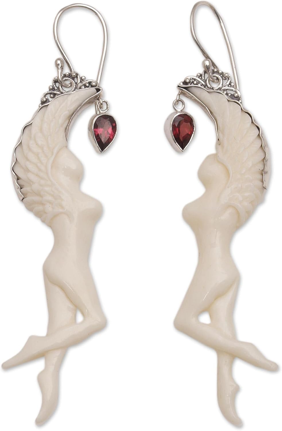 NOVICA Artisan Crafted Garnet Earrings | Bone Angel Dangle | French Wire | Cowbone | 925 sterling silver | French Wire | Hypoallergenic Jewelry | Lead & Nickel Free | ' Dancing Angels' 2.8" H x 0.7" W