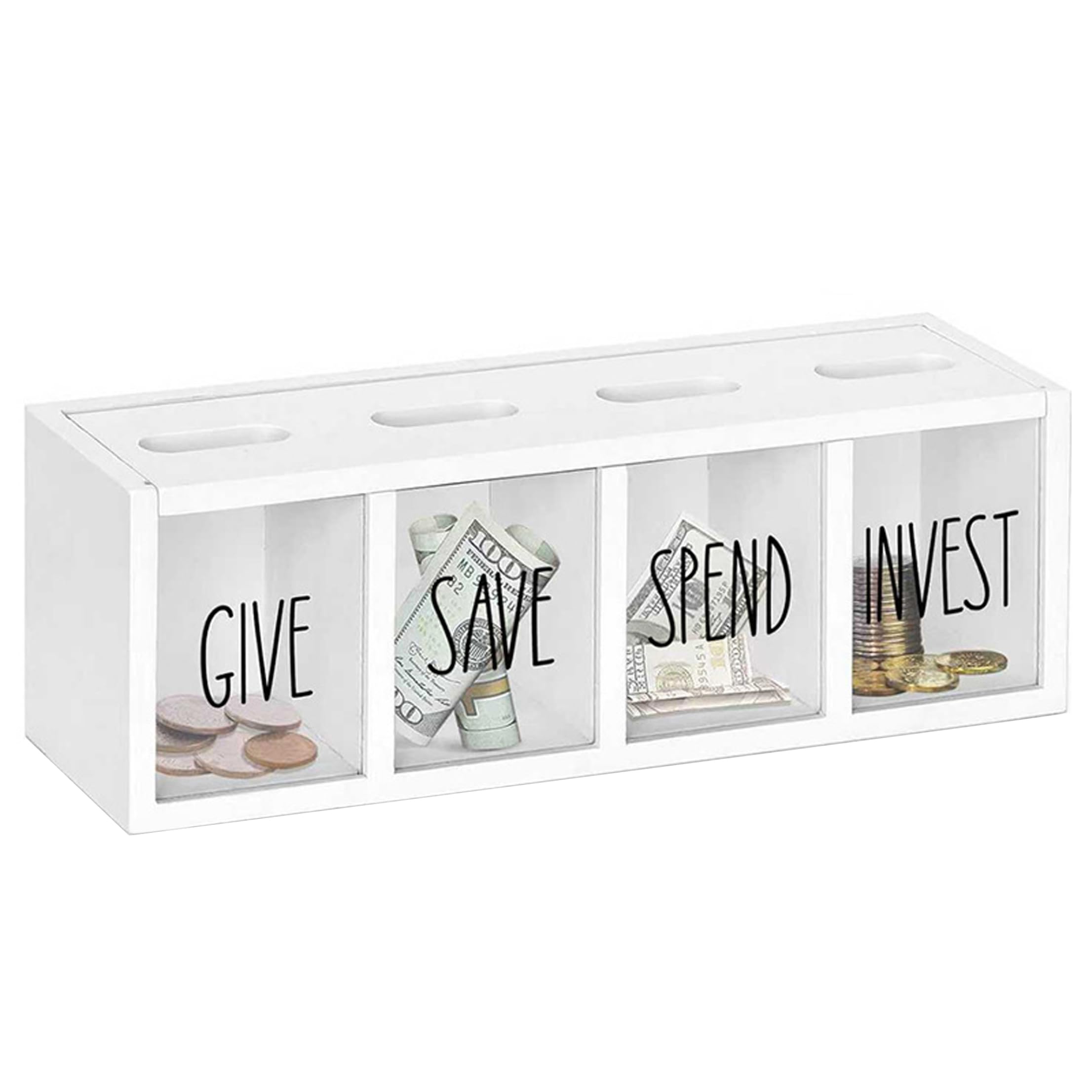 Money Banks, Save Spend Give Bank For Kids, Wooden Money Saving Box With Visual Compartments, 12.9x4.3x3.5 inch Wall-mounted Montessori Coin Box, White