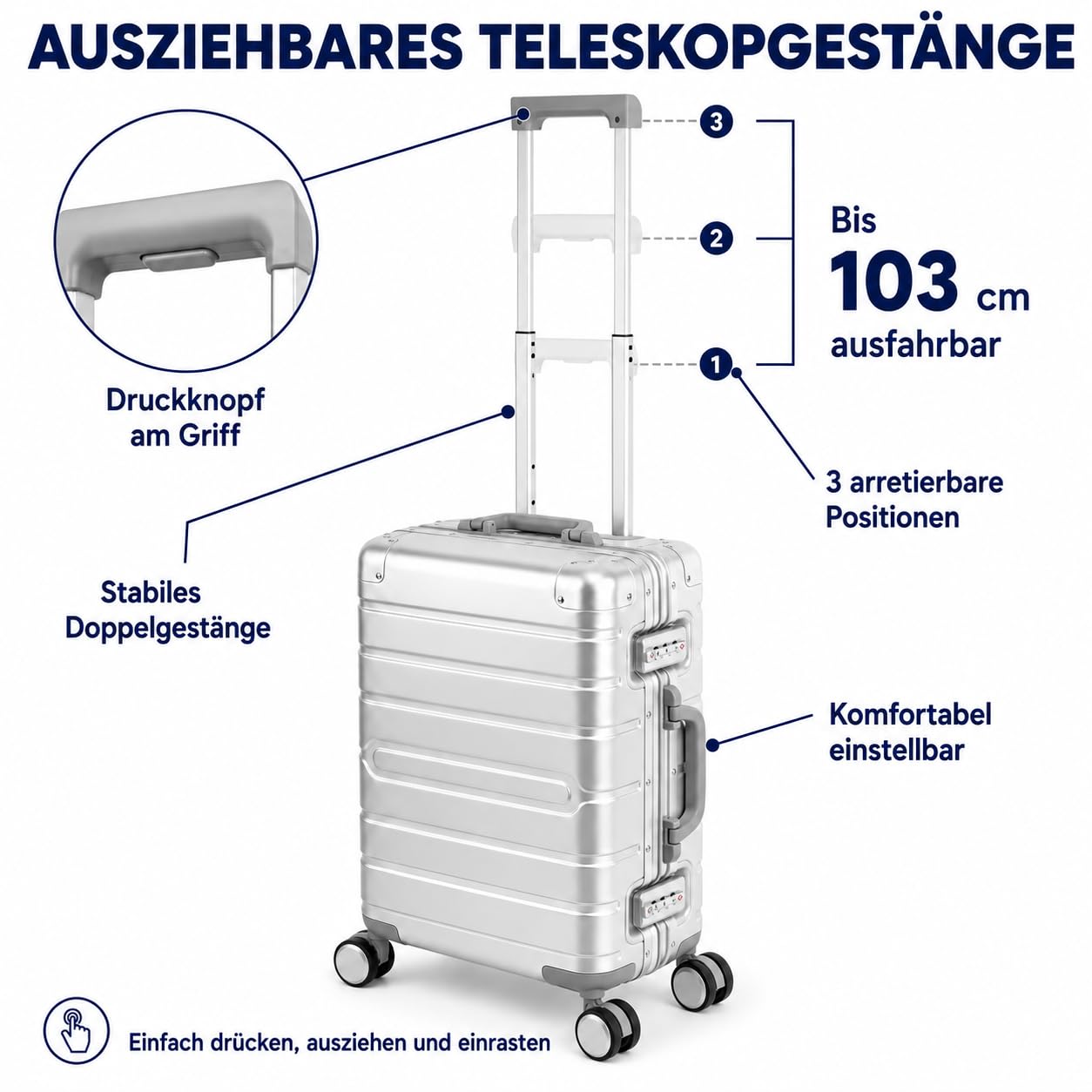 Travelhouse® Oslo Handgepäck Koffer Trolleys ohne Reißverschluss Silber 39L