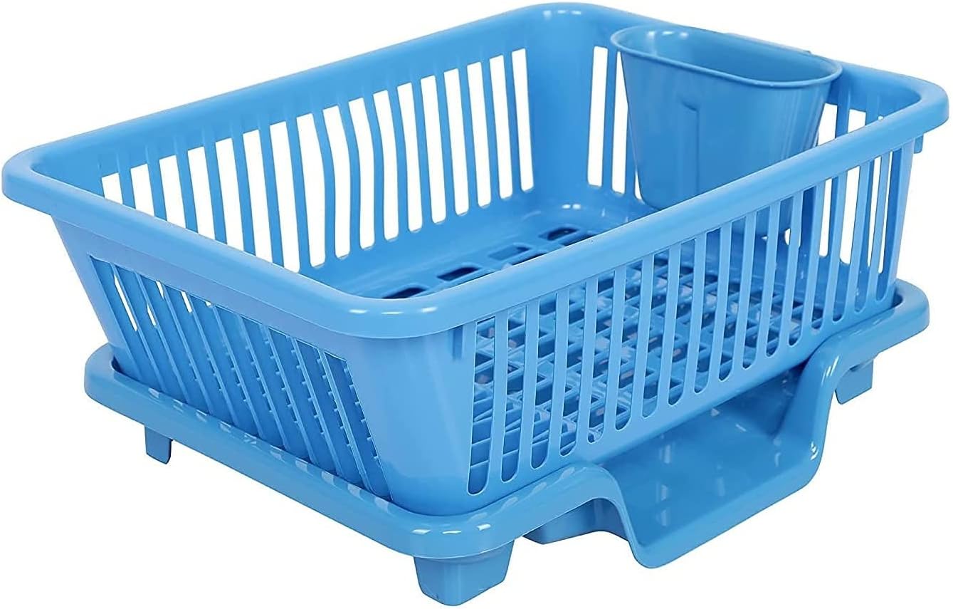 MOOVER Large Durable Unbreakable Plastic 3 in 1 Kitchen Sink Dish Rack Drainer Drying Rack Washing Basket with Tray for Kitchen, Dish Rack Organizers, After wash Cutlery (Dishrack Blue)