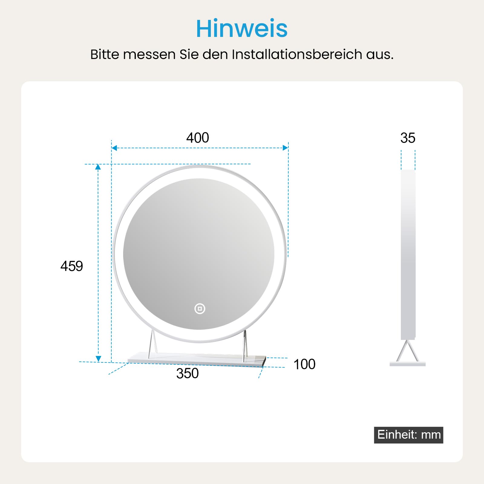 Heilmetz Schminkspiegel mit Beleuchtung Rund Φ40cm - Hollywood Kosmetikspiegel mit 3 Lichtfarben (3000K-6500K), Dimmbarer Standspiegel mit Memory-Funktion, Plug & Play für Schminktisch, Weiß