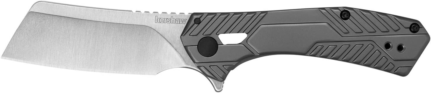 Kershaw Static Pocketknife, 2.9" 8Cr13MoV Stainless Steel Cleaver Plain Edge Blade, Manual KVT Ball-Bearing Flipper Opening, Folding EDC, Frame Lock System,Silver