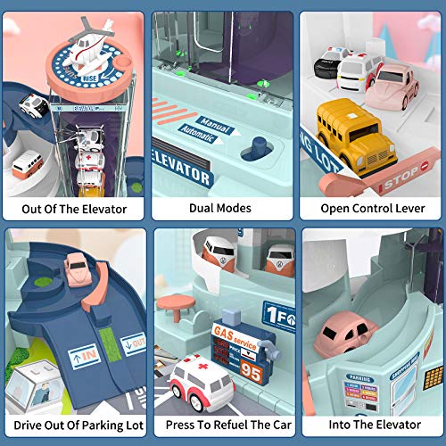 Car Parking Garage Toys, Garage Building Toy Set with Sound and Light, Car Track Parking Playsets with Ramp Elevator, for 3 4 5 6 Years Old Toddlers Kids Boys and Girls, 4 Small Cars 1 Plane