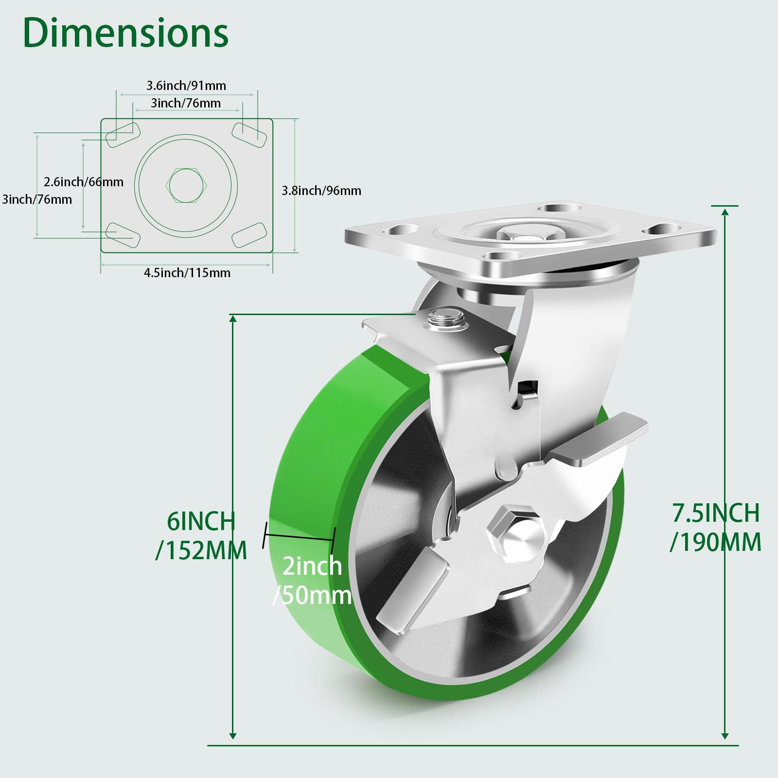 150mm Industriali Ruote per Mobili Pesanti, Nucleo in Alluminio PU Ruote Girevoli con Freno Capacità 2200KG, Silenzioso, Resistente all'Usura e ad Alta Durezza Ruote per Carrello, Set di 4