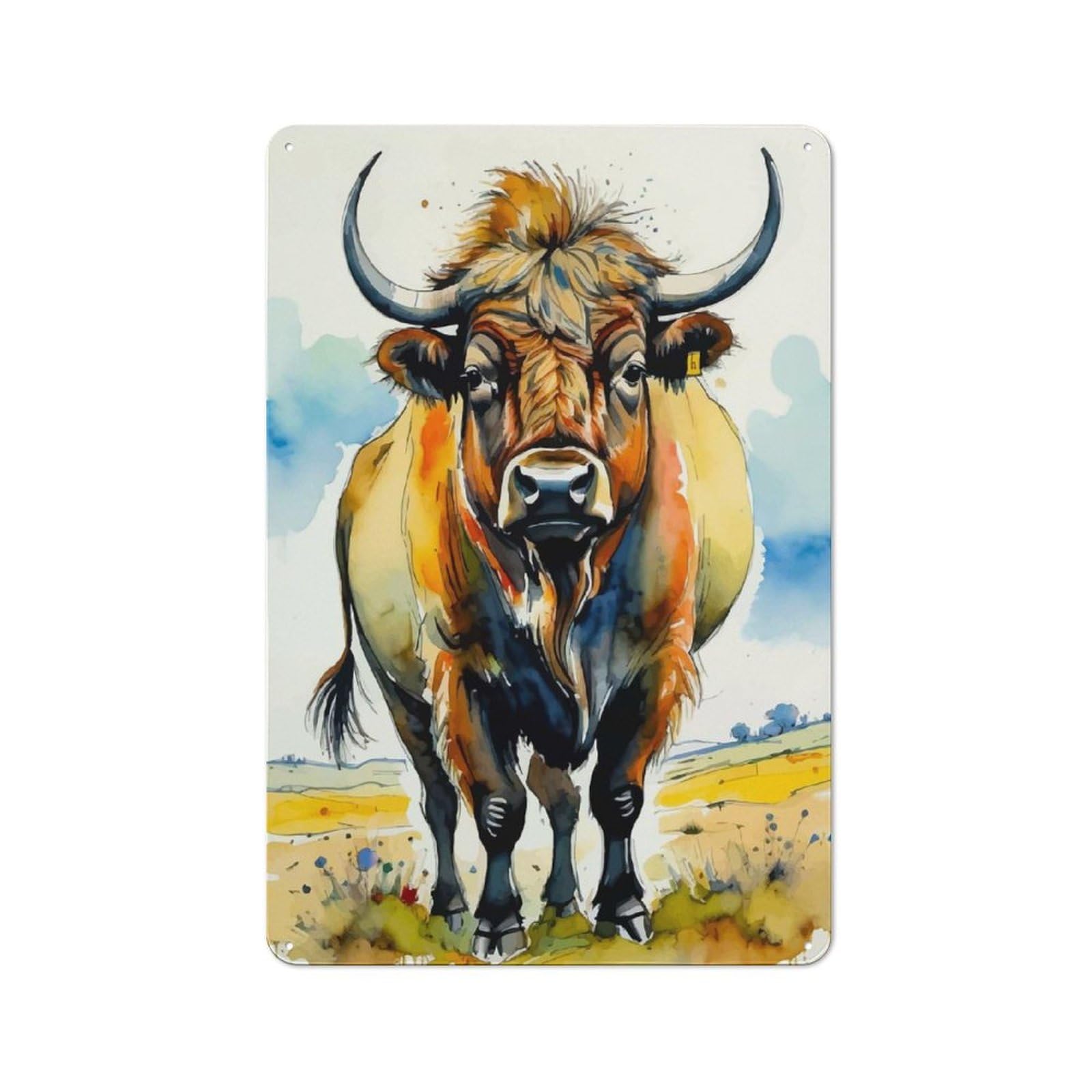 Junmoney Watercolor Highland Cow Portrait Tin Wall Plaque 30X20cm With For Studio Or Craft Room, Suited To Craft Room Decorators