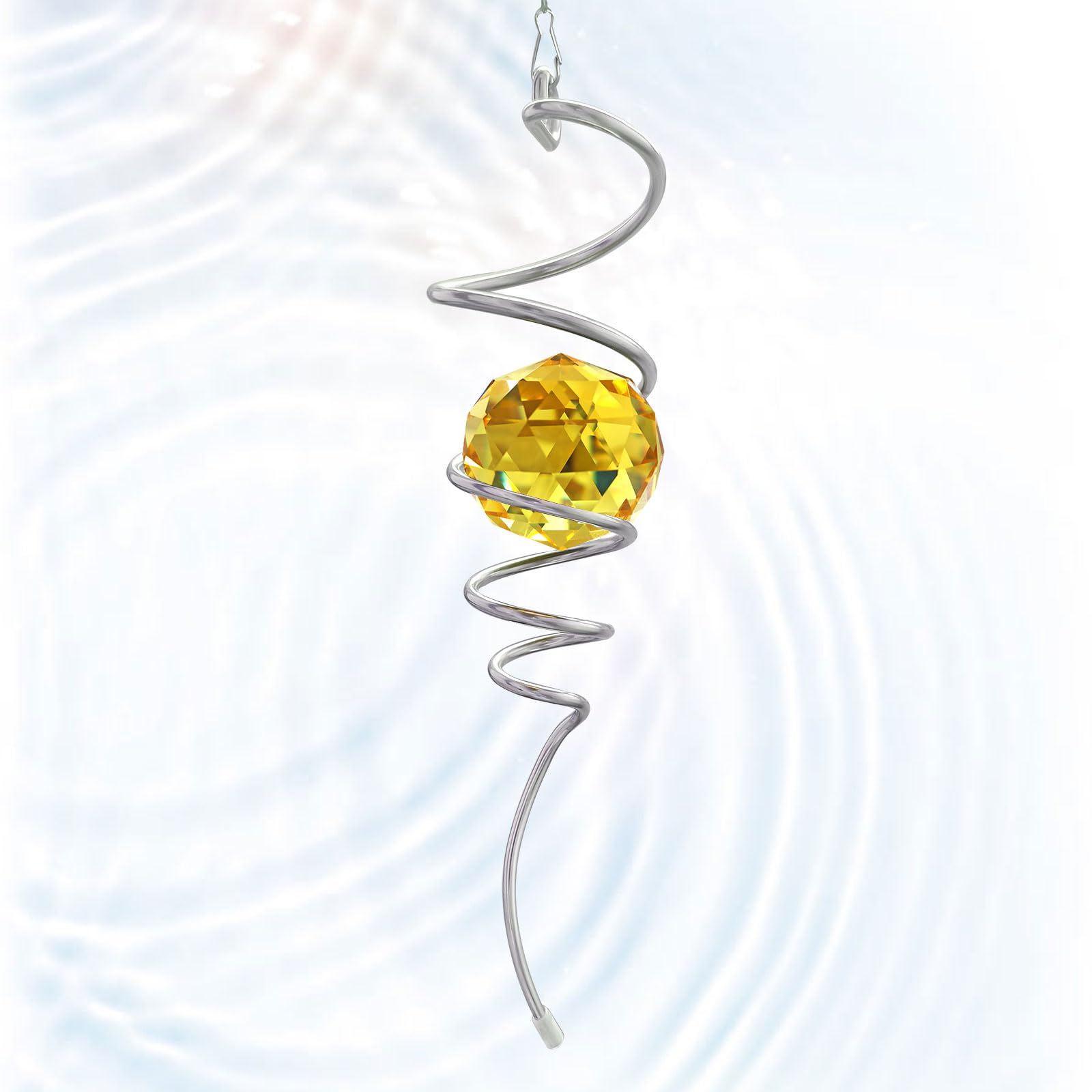 Eiryhope Gazing Ball Spiral Wind Spinner Tail - Golden Crystal Glass Ball | Wind Spinners Stabilizer with S Hook | Hanging Rotating Art for Garden