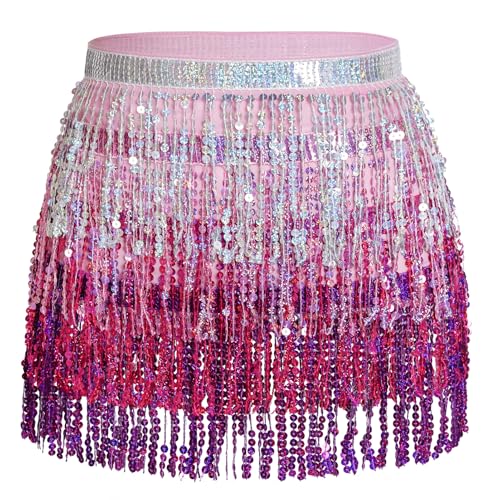 Jerbro Gonna da donna per danza del ventre con paillettes e nappe, costume avvolgente da cowgirl rave, per donne e ragazze, Rosa Rosso Viola, M