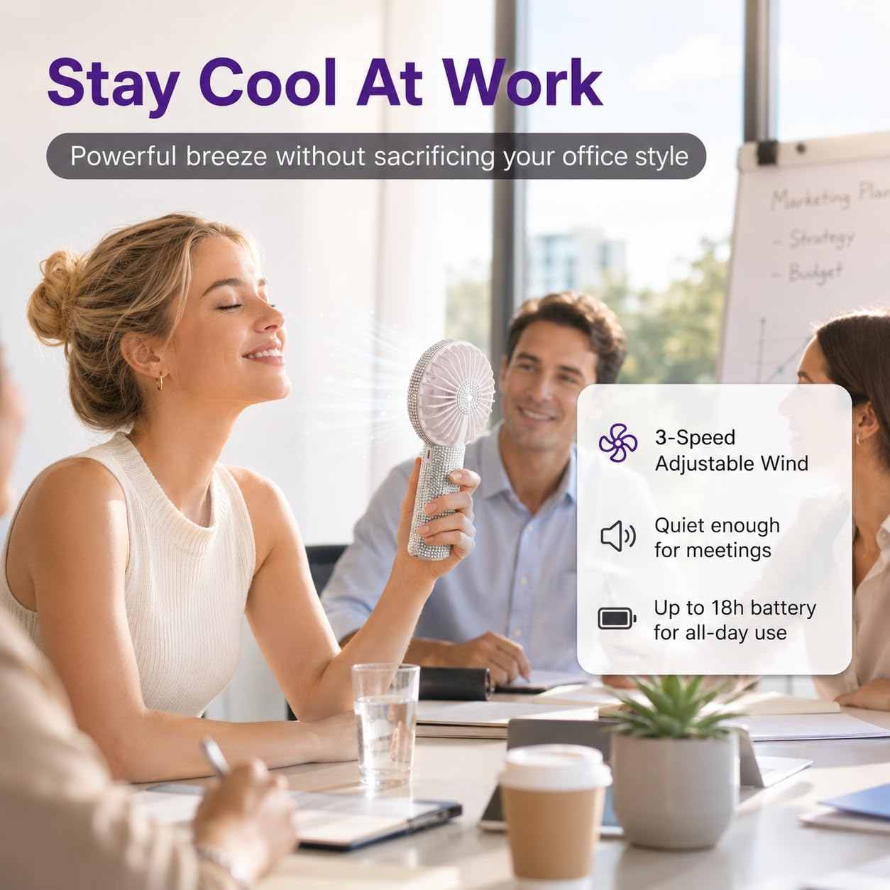 Bling Handheld Fan Portable Rechargeable, Rhinestone Mini Fan with USB-C Charging, Up to 18H Battery Life, 3-Speed Personal Hand Face Fan for Beach,Travel,Dorm Room Essentials (White)