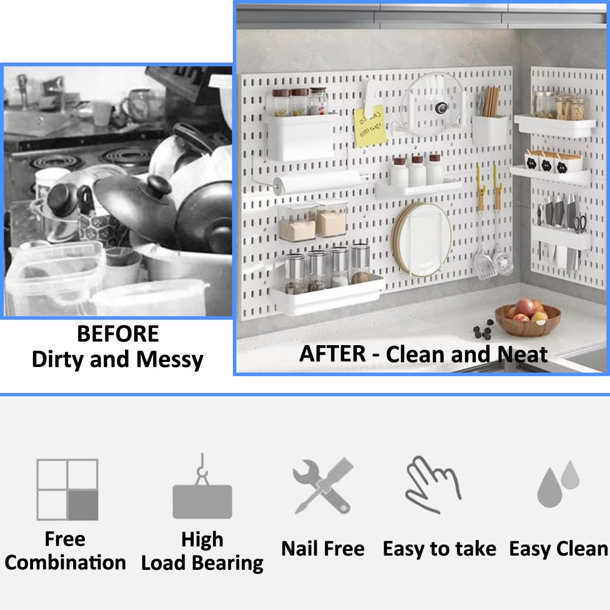 Pannello Forato Parete 56x56cm Nero - Organizzatore Utensili Cucina - Foto 8