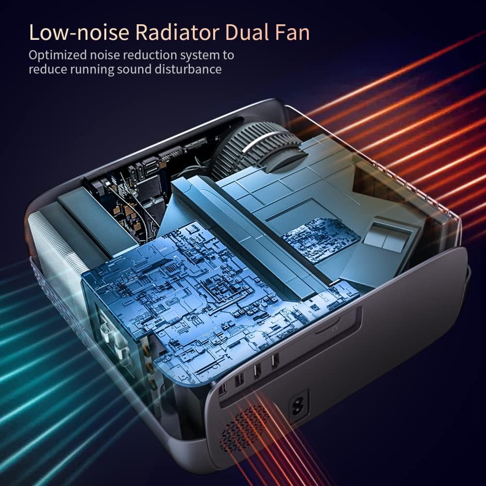 Diagram showing the low-noise radiator dual fan cooling system of the SKYWORTH T1 Projector.