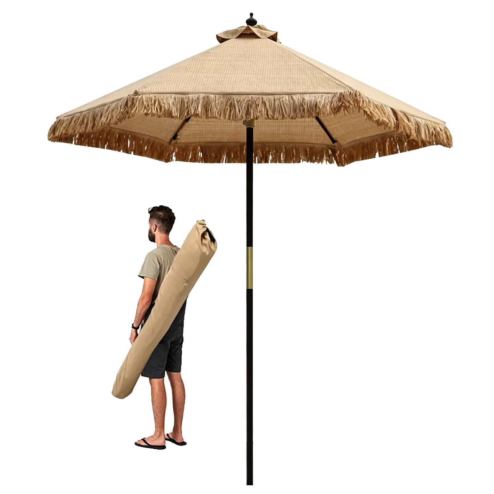 210 cm Hawajski Parasol Ogrodowy ze Słomy Tiki z Frędzlami, Tropikalny Parasol Plażowy ze Strzechą, z Drewnianym Drążkiem i Torbą Transportową