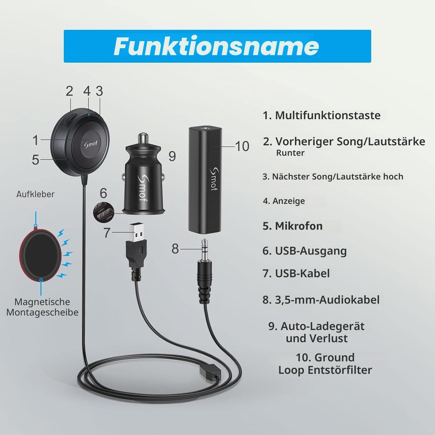 Bluetooth-KFZ-Set, Bluetooth-Adapter für das Auto, mit Geräuschisolierung, Freisprecheinrichtung und Musik-Streaming, Bluetooth-Empfänger, Kfz-Ladegerät mit 2 Anschlüssen