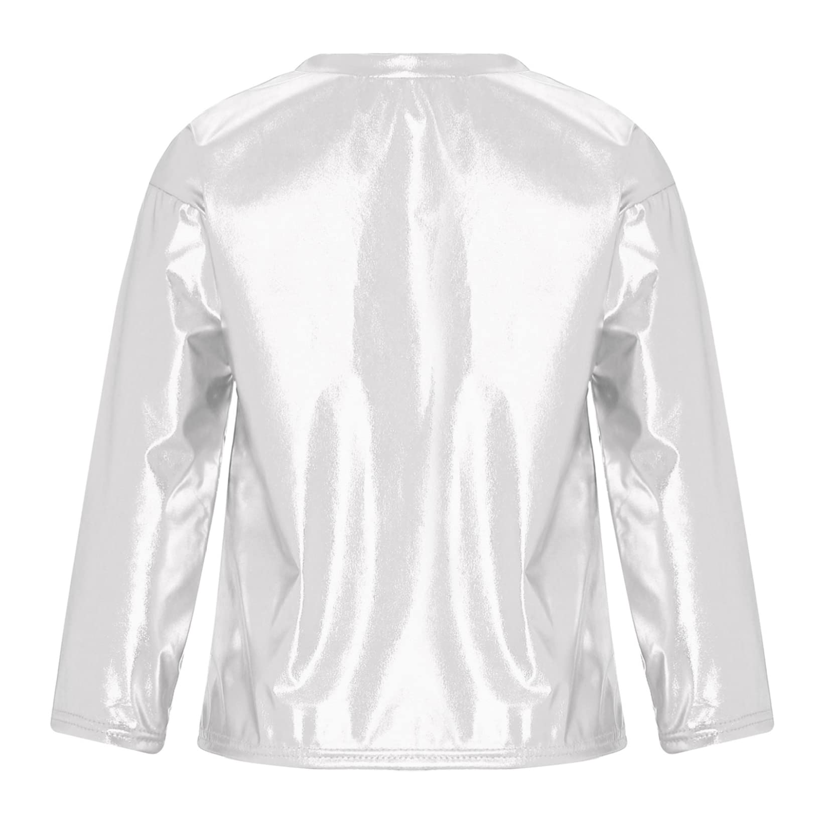 TTAO Kids Active Long Sleeve T Shirts Metallic Sports Tops Shiny Pullover Jazz Street Dance Shirts Silver 7-8 Years