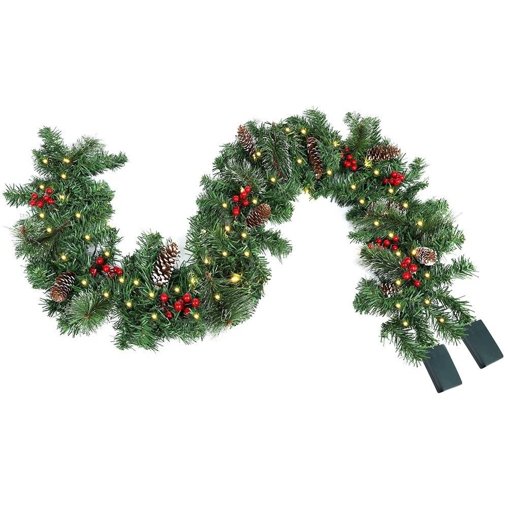 Guirlande de Noël avec pommes de pin et baies, pour cheminée, escalier, porte, fenêtre, décorations de Noël (1,8 m)