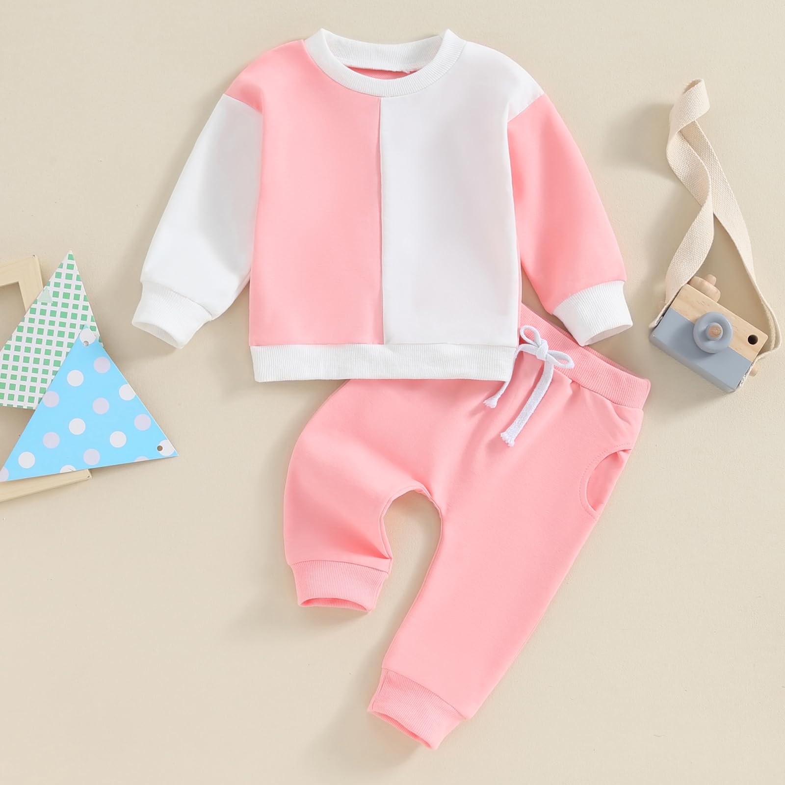 Fernvia Toddler Baby Girl Clothes 3 6 9 12 18 24 Months Fall Outfits Solid Long Sleeve Sweatshirt Tops + Pants Set (I-Pink, 12-18 Months)