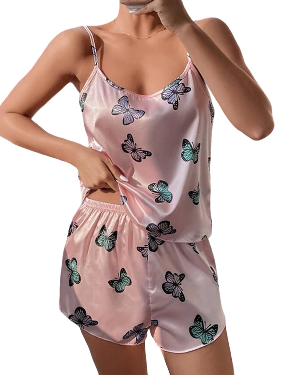 xivir Women's 2 Piece Pajama Set Butterfly Printed Tank Top and Shorts PJ Set-picture-3