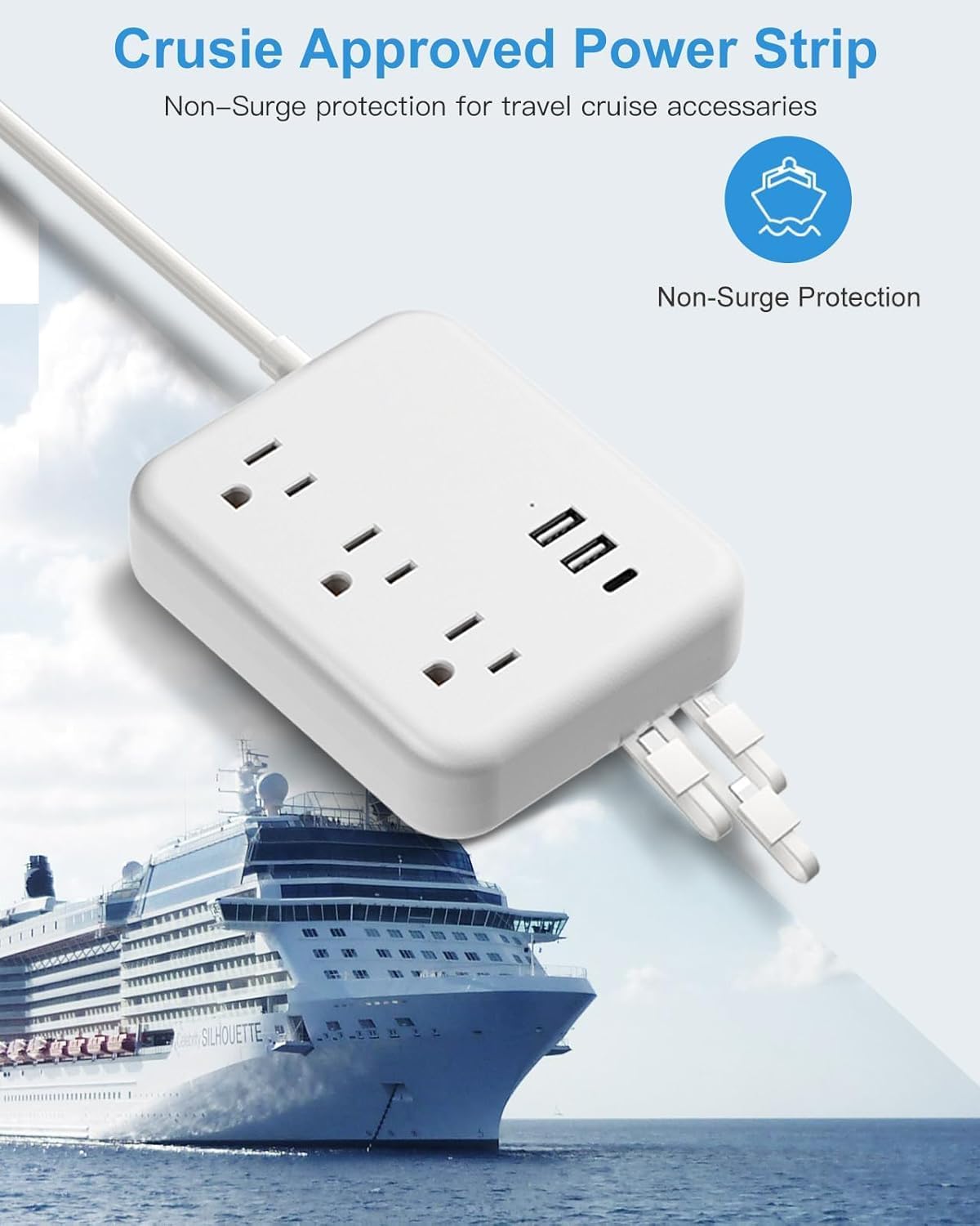 6 USB Power Strip with 3 Charging Cable - Travel Power Strip with 6 USB Desktop Charging Station and 3 Outlets, 5ft Flat Plug Extension Cord, Non Surge Protector for Cruise Ship Travel Office Dorm
