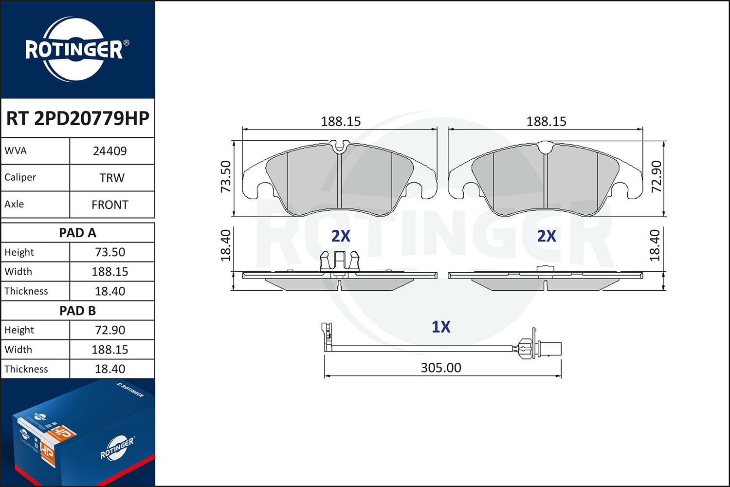 Klocki hamulcowe ROTINGER (Przód) RT 2PD20779HP, ECE R90, Komplet 4 sztuk