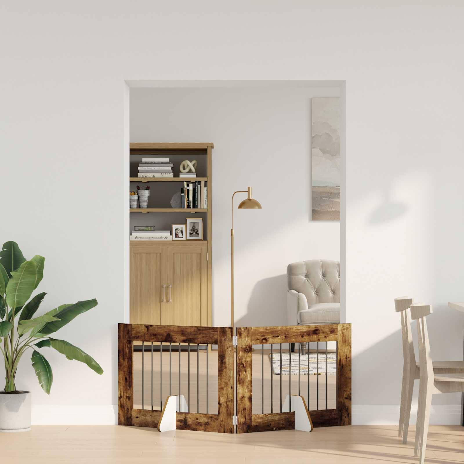 Puerta para perros con soporte, 2 piezas de roble ahumado, 80 x 60 cm, plegable y portátil, para uso en interiores y exteriores, protección segura para cachorros y perros