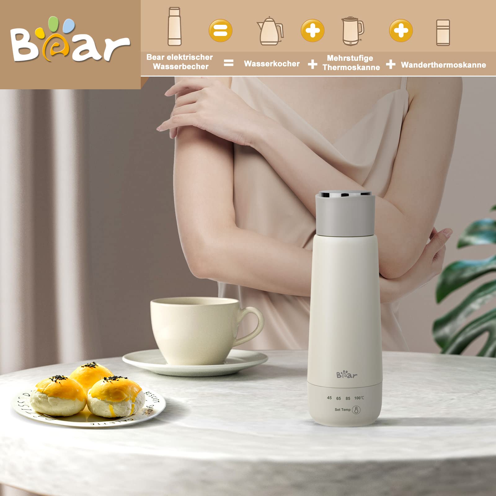 Bear 300ml elektrischer Wasserkocher, 3-in-1 Reise-elektrischer Wasserkocher, Doppelschicht 304 Edelstahlliner, tragbarer kleiner schneller Heizungsisolierungsbecher(Einzeltaste)