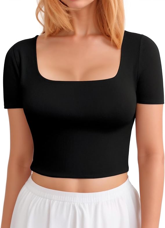 CLOZOZ Short Sleeve Square Neck Crop Tops for Women Basic Slim Fit Cropped T-Shirt