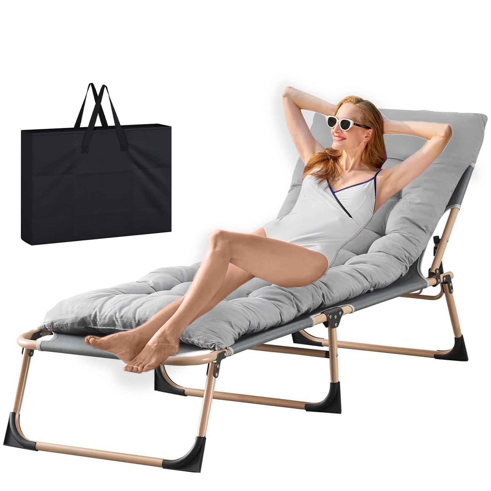 BSTSEL Heavy Duty Garden Sun Lounger with Bag Mattress 22mm Steel Frame Support Adjustable Folding Guest Bed with Cushion Sun Bed for Home Office Beach Garden Patio Pool (Grey) — image 1