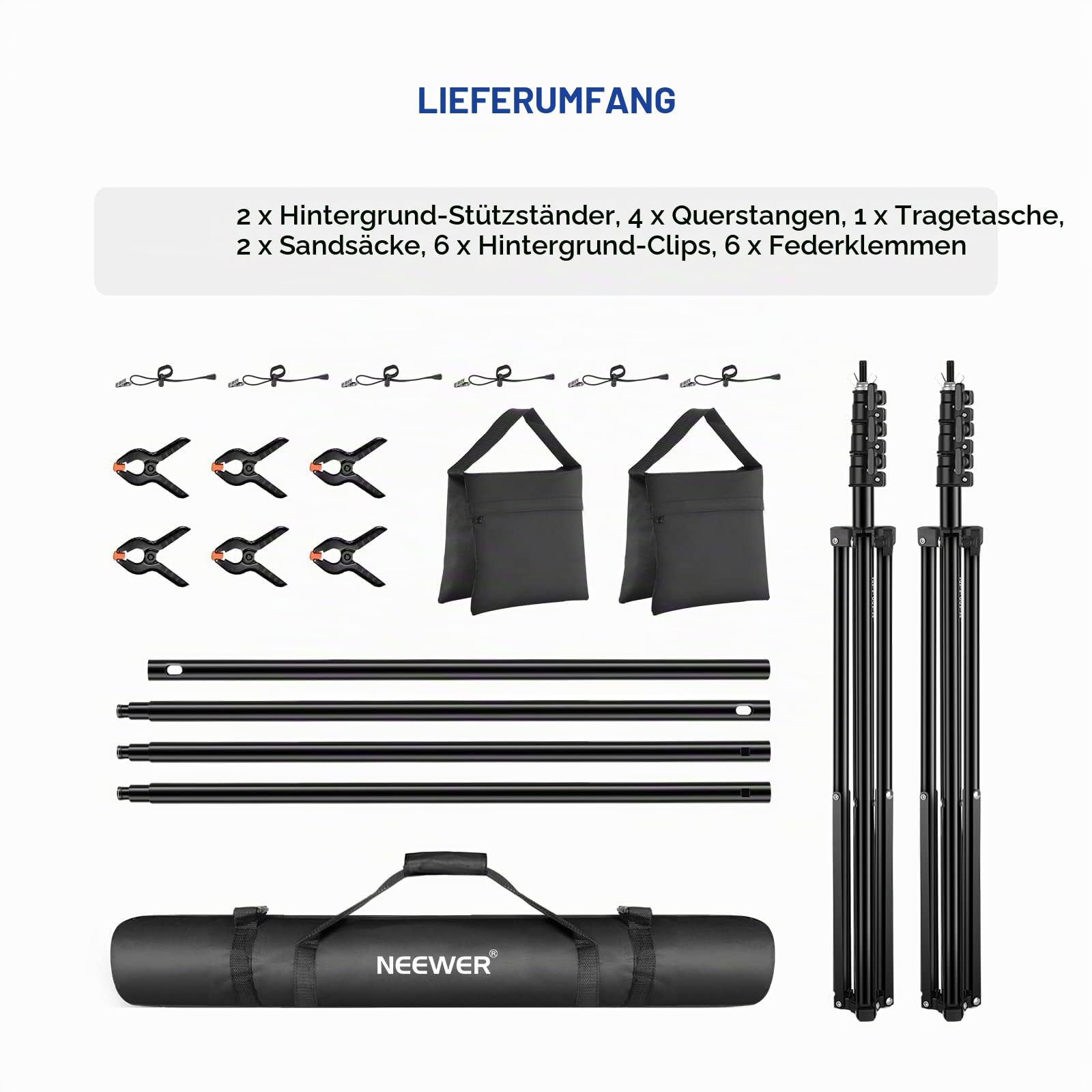 NEEWER 8,5x10 Fuß verstellbares Hintergrundständer Set, Fotografie Hintergrund Unterstützungssystem mit 4 Querstangen, 6 Federklemmen, 6 Hintergrundklammern, 2 Sandsäcken und Tragetasche