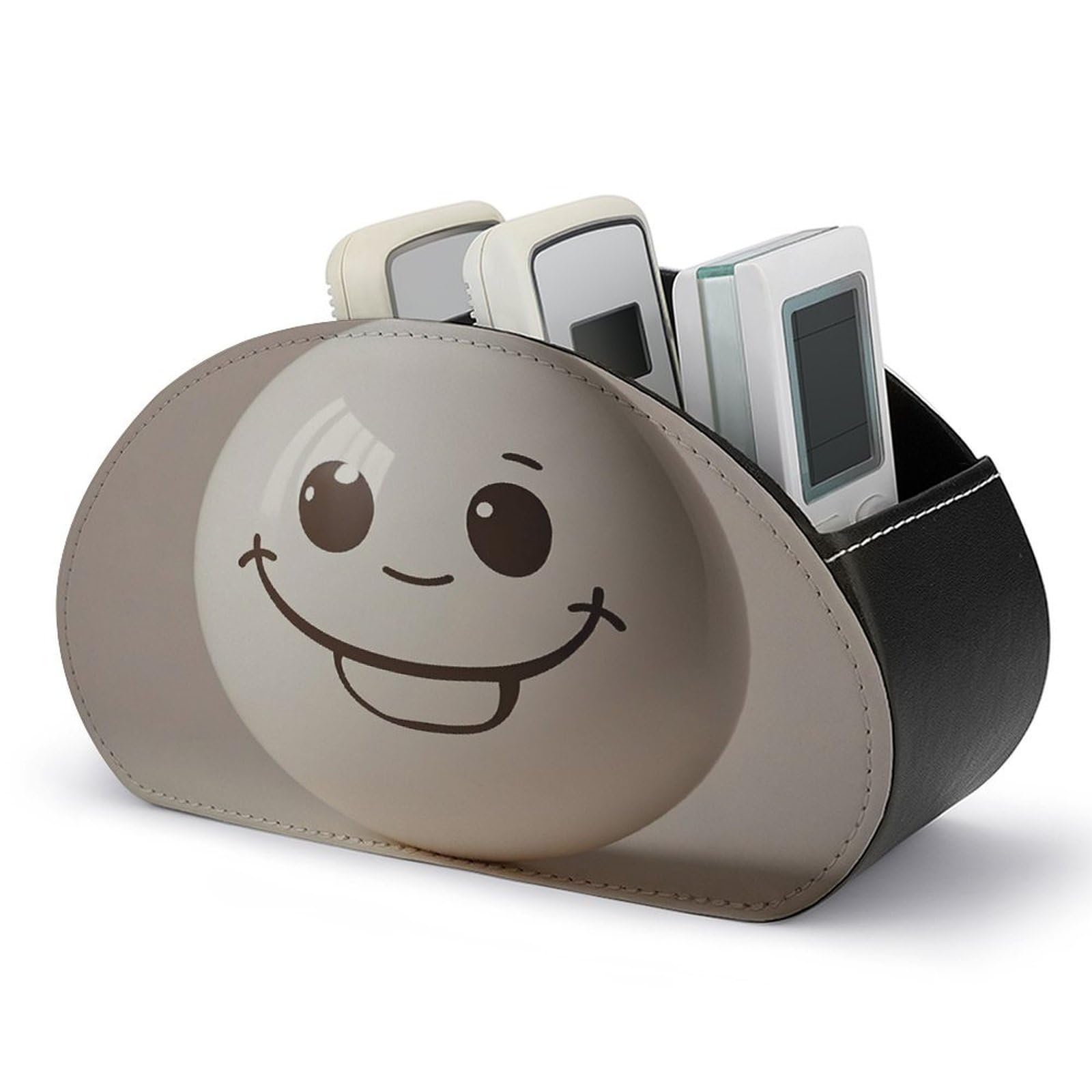 FekiLoot Leather Remote Control Holder with 5 Compartments Smiling Egg Remote Caddy Desktop Organizer Store TV Remote Holder Remote Organizer for Bedside Table Office Desk