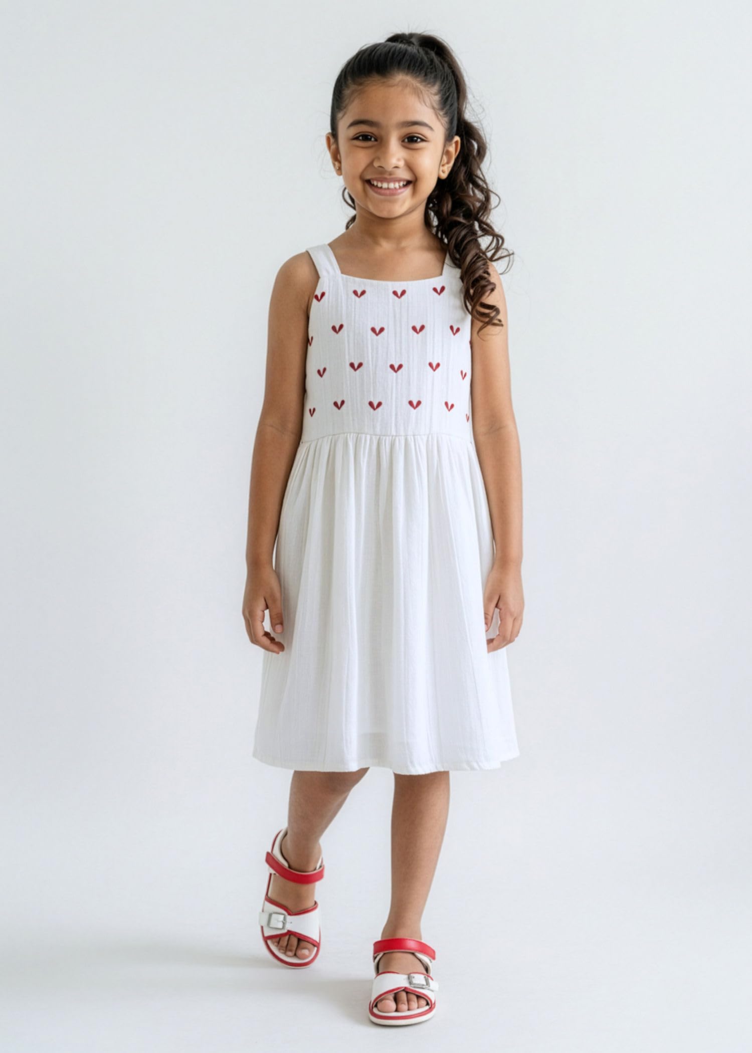 Hopscotch Girls Heart Embroidery Cotton Dress in White Color for Ages (3-4 Years) 2