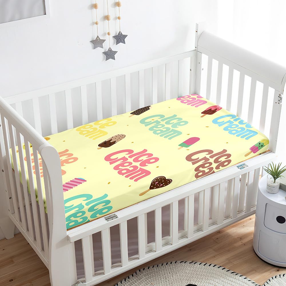 Odot Cot Bed Sheets, Ice Cream Print Bedside Cribs Fitted Sheets, Baby Bed Sheets Microfiber Cot Bed Mattress Protector, Bassinet Sheets, Easy Care Soft and Dureable (Yellow,45x80 cm)