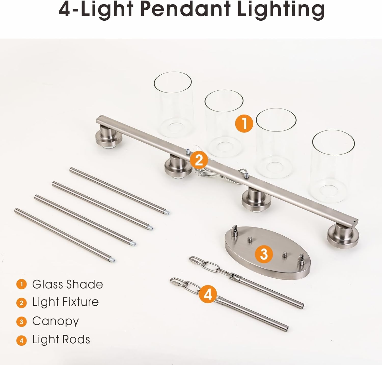 Kitchen Island Lighting, 4-Light Farmhouse Dining Room Light Fixtures Over Table, Linear Chandelier Pendant Lighting for Kitchen Island for Brushed Nickel Finish with Clear Glass Shade