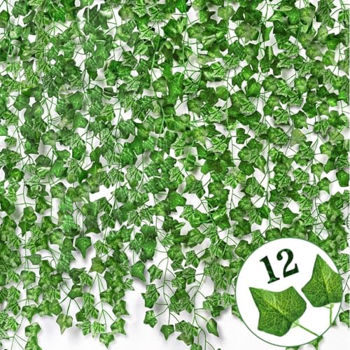 ruitao 12Pcs Artificial Ivy Garland Vines for Room Decor UV Resistant Green Leaves Fake Plants Aesthetic Hanging vines for Bedroom Accessories Wedding Party Garden Wall Decor, 84Ft