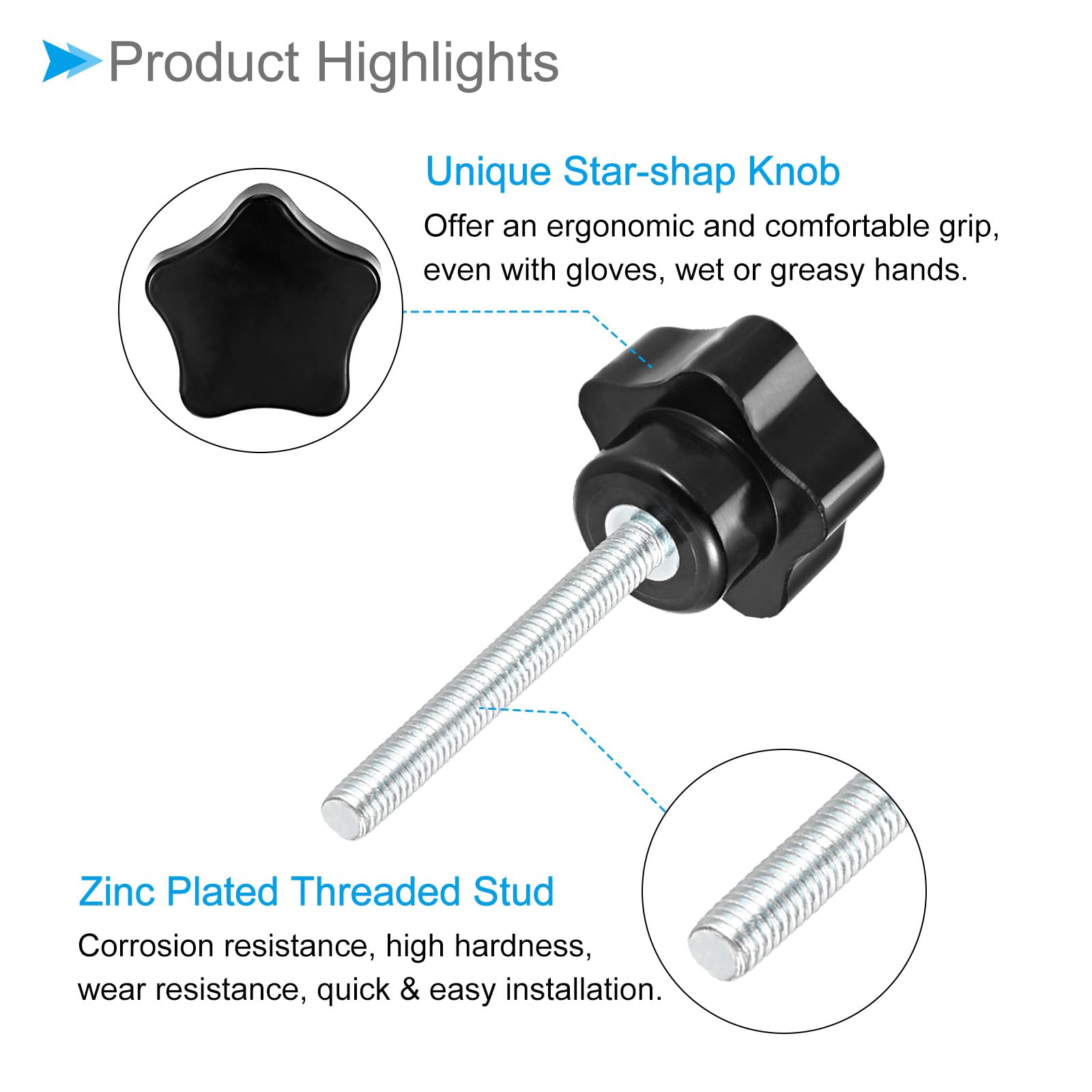CoCud Star Clamping Knobs, M5 x 70mm Male Thread 23.5mm Head, Plastic Thumb Screw Grip Hand Knobs Threaded Bolt Black - Image 4