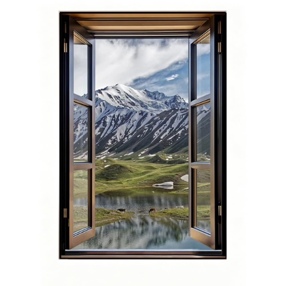GZHERVICES Faux Window Mountain View Wall Art, Fake Window Frame View Of Sunlight Over The Hill Landscape，3D Realistic Scenic Landscape Canvas Print For Living Room Bedroom Home Decor(J,90x130 cm)