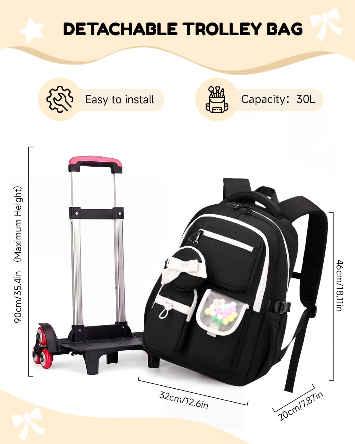 Amythe Mochila con Ruedas para Niña 10-18 Años, 6 Ruedas, Blanco | Mochila Carrito Adolescentes para Instituto y Colegio - Trolley Escolar Extraíble – Gran Capacidad para Ordenador 15.6"