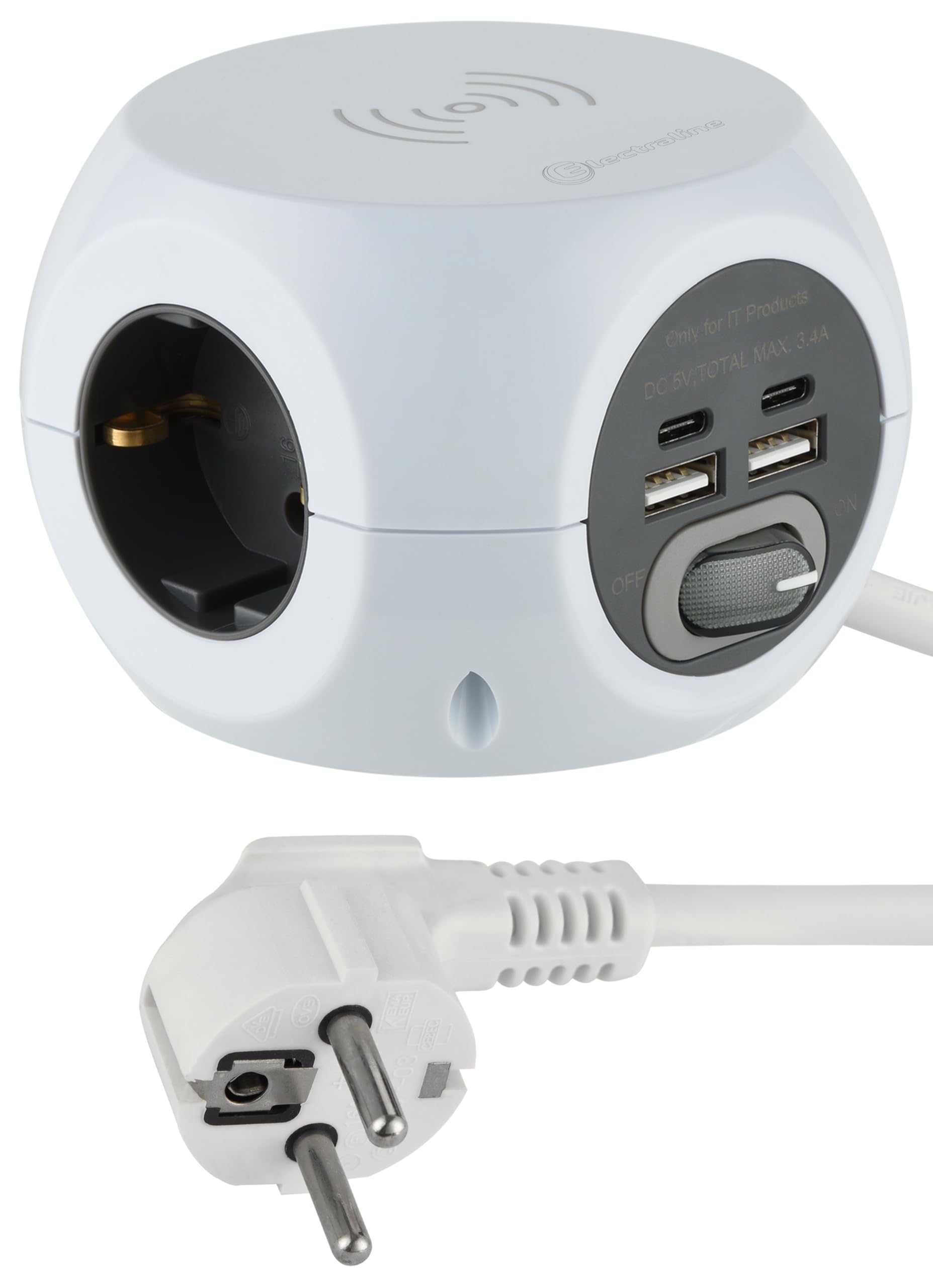 Electraline 62079, Multipresa Mini Cubo con Caricatore wireless rapido, Fast Wireless Charger Qi, con 3 porte USB 2.4A e 3 prese Schuko/tedesca, Cavo 1,5M, Spina Schuko/tedesca