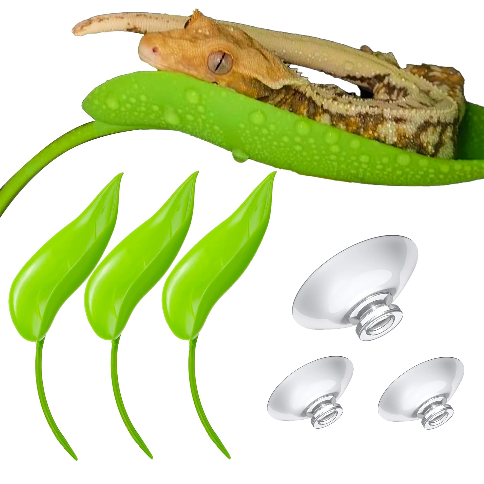 Crested Gecko Tank Accessories with 3PCS Reptile Branches, Hide & Wall Toy Odorless Plastic Habitat Decor for Crested Geckos (Includes Climbing Leaves