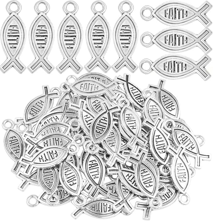 Jesus Fish Charms Tibetan Alloy Christian Fish Shaped Jesus Pendants Charms Craft Supplies for DIY Bracelet Necklace Jewelry Making Findings