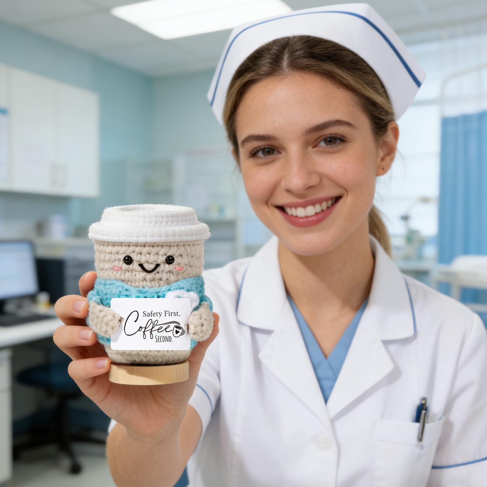 Nurse Gifts for Women with Crochet Coffee Doll,Cute Nurse Appreciation Gift,Handmade Knitted Coffee Plush with Encouragement Card, Thank You Gift for Nurses, Nursing Student,Graduation,Nurse Week