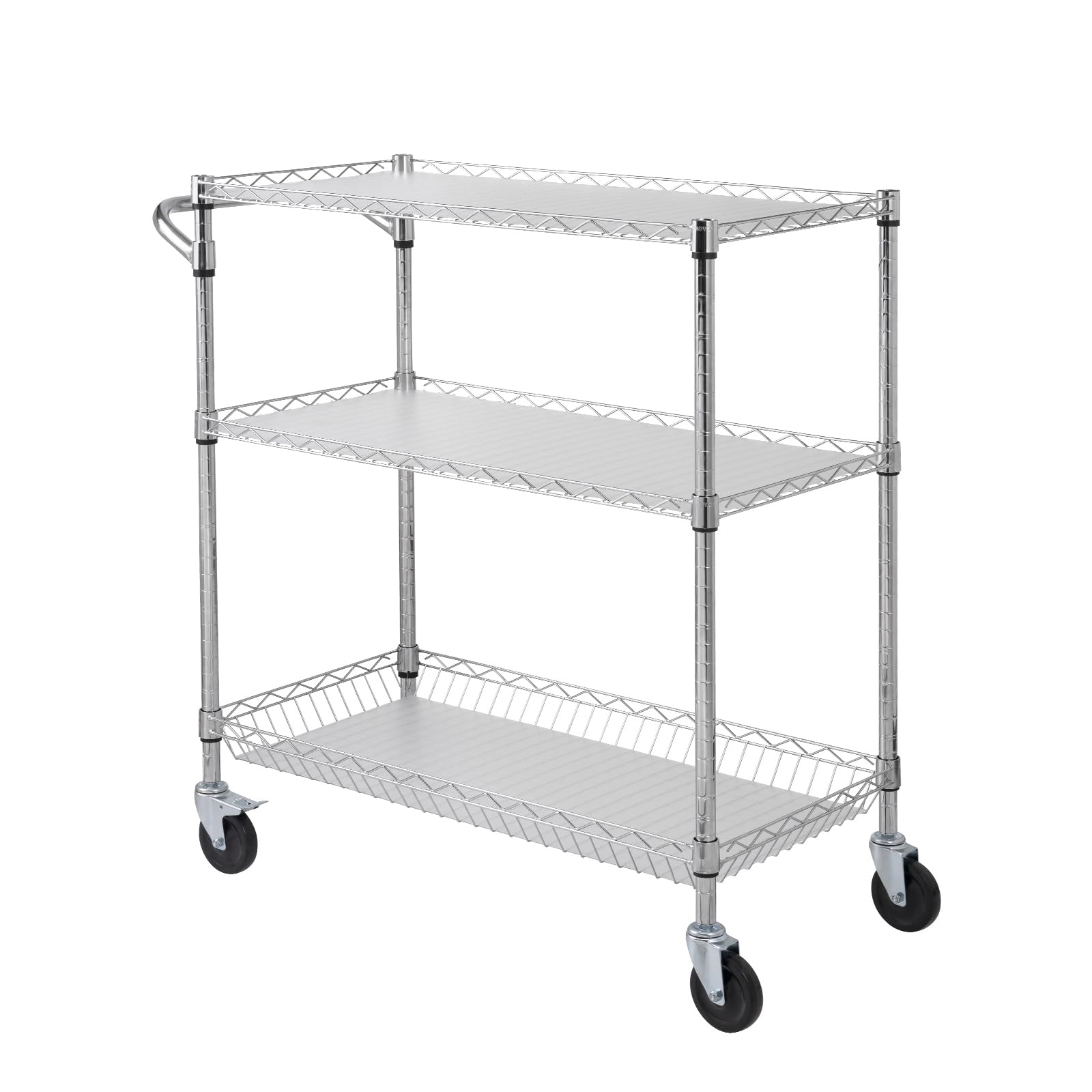 VEVOR Carrello da Cucina, 3 Livelli Carrello da Laboratorio con capacità di 300 kg, Carrello di Servizio Telaio Cromato, Carrello Portaoggetti, Carrello di Trasporto 6 Ganci, per Uso Interno Esterno