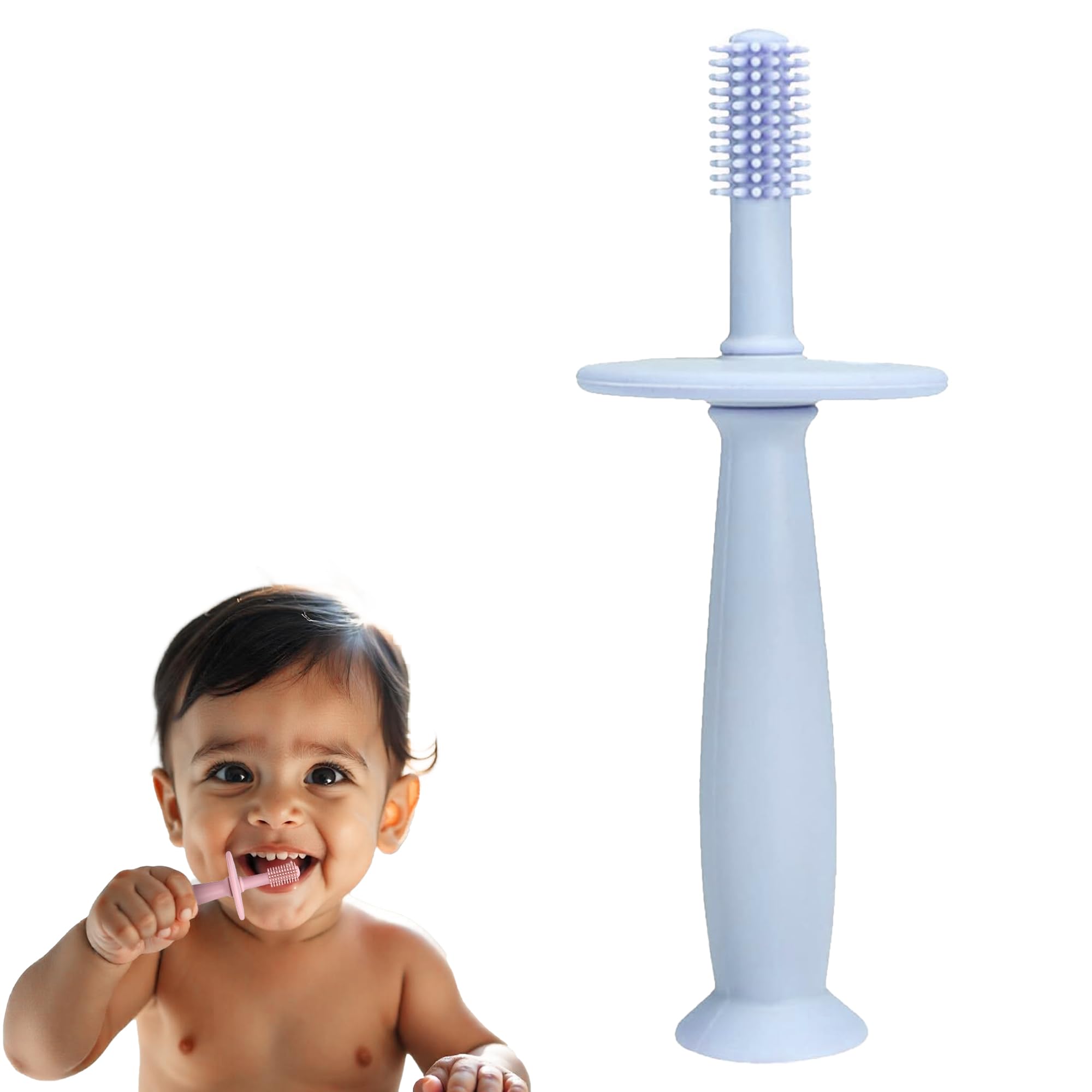 Kidology 360° Baby Teether Toothbrush with Suction Base - Gentle Cleaning for Infant Self-Brushing Training, Food-Grade Silicone, Adjustable Safety Shield |Teether Effect for Sore Gums | Blue-picture-26