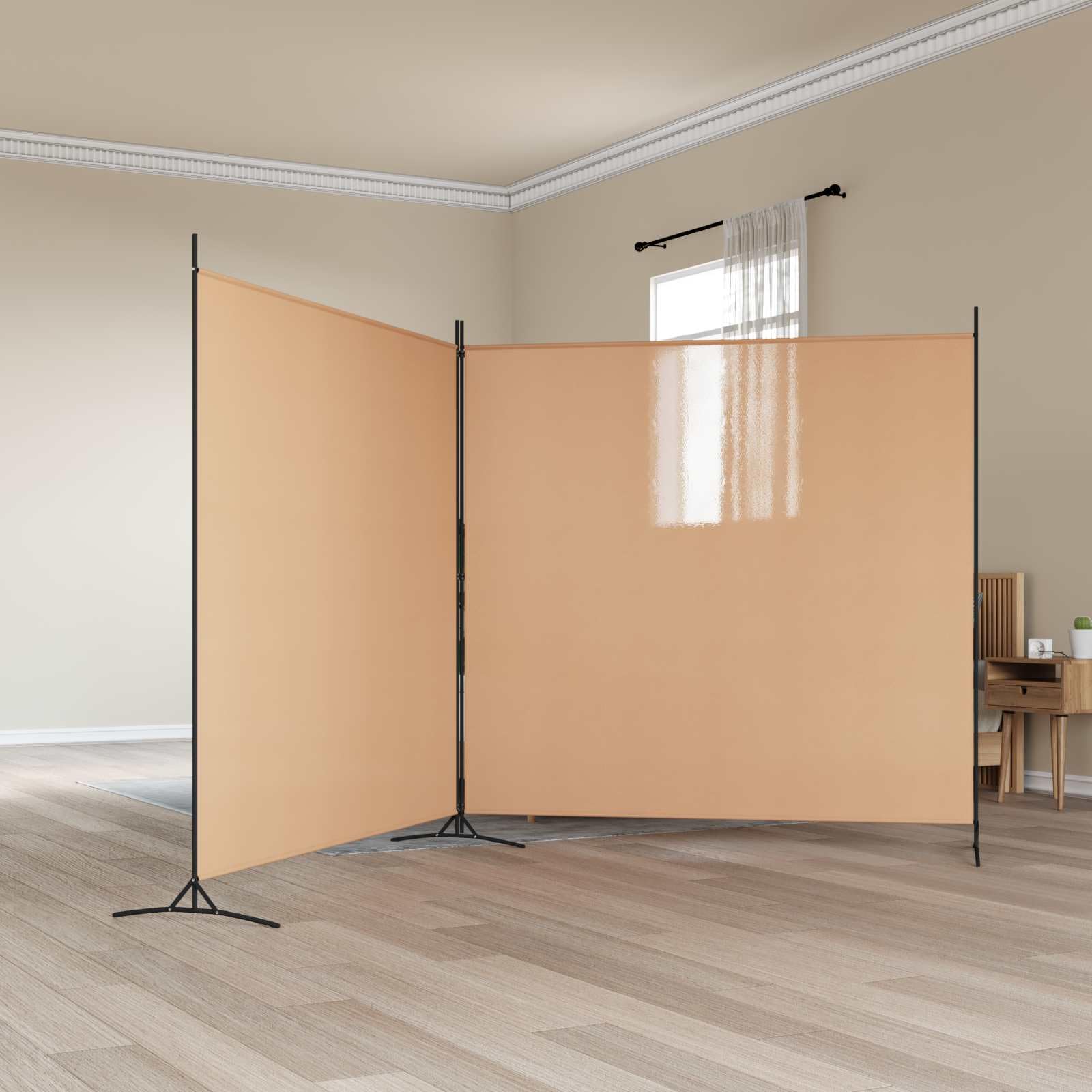 Separador de habitaciones de 2 piezas, color beige, plegable, 348 x 180 cm, independiente, para salón, dormitorio, oficina, con marco de metal estable y separación versátil de espacios
